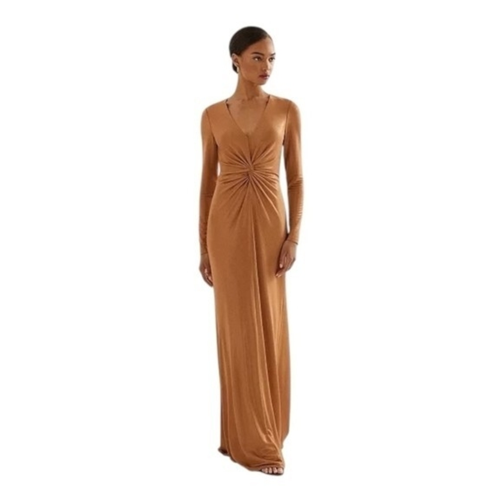 Lauren Ralph Lauren Gold Metallic Jersey Gown Twist Waist Maxi Dress Size 10 NWT - Picture 2 of 10